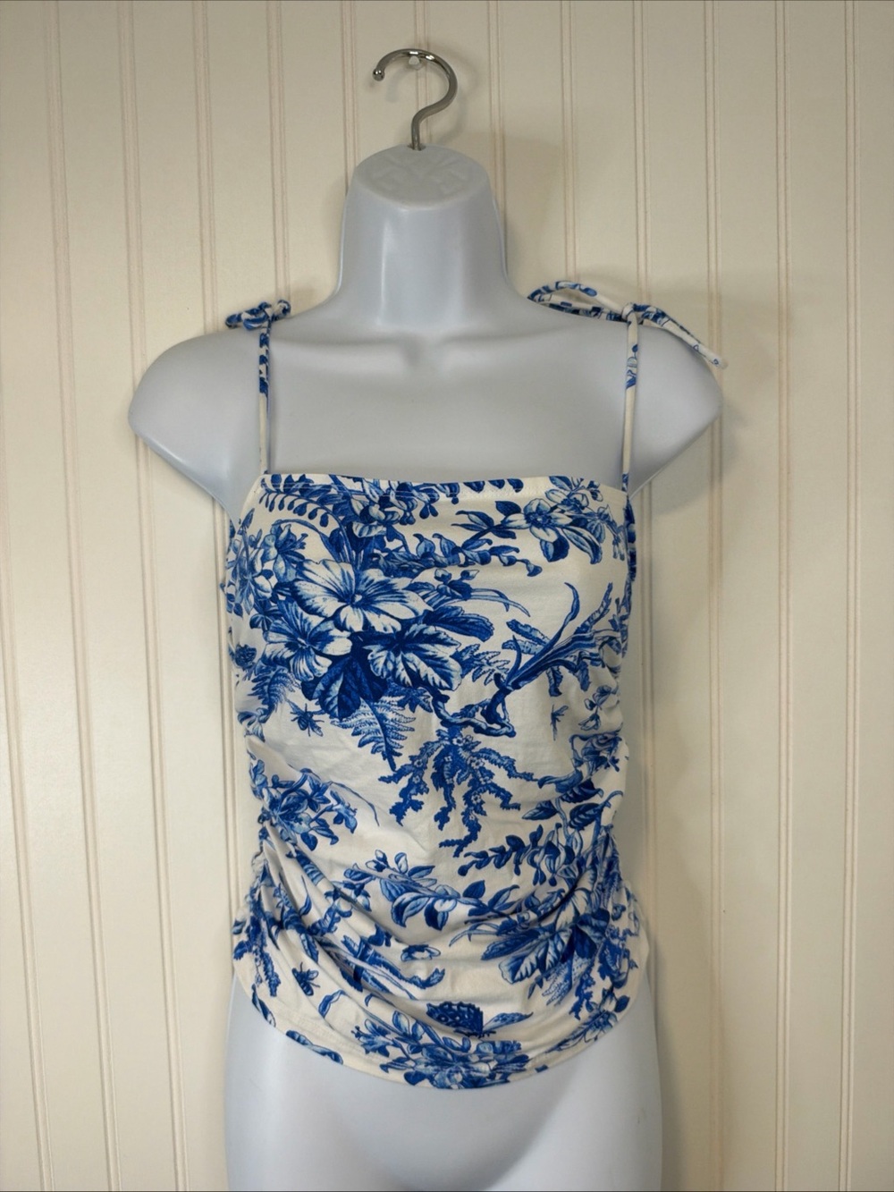 Maeve By Anthropologie Shirred Tie Shoulder Top Blue & White Women's Size XS